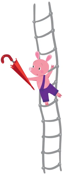 Merdiven üzerinde şemsiye ile küçük domuzcuk — Stok Vektör