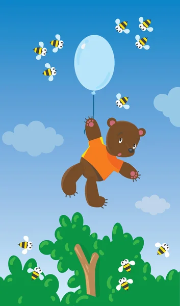 Petit ours avec ballon et abeilles — Image vectorielle