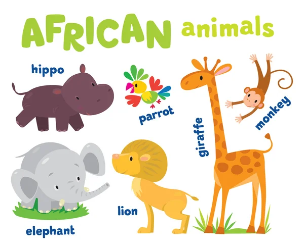 Conjunto de divertidos animales africanos — Vector de stock