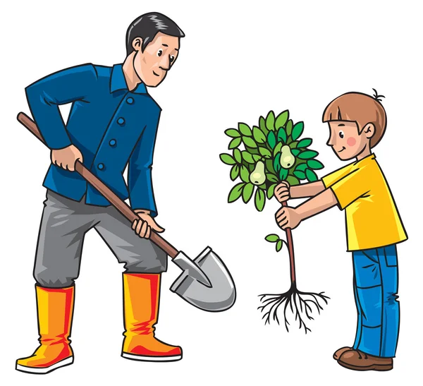 Junge und der Gärtner mit dem Baum — Stockvektor