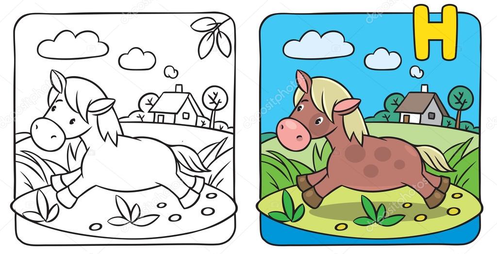 Little horse or pony coloring book. Alphabet H