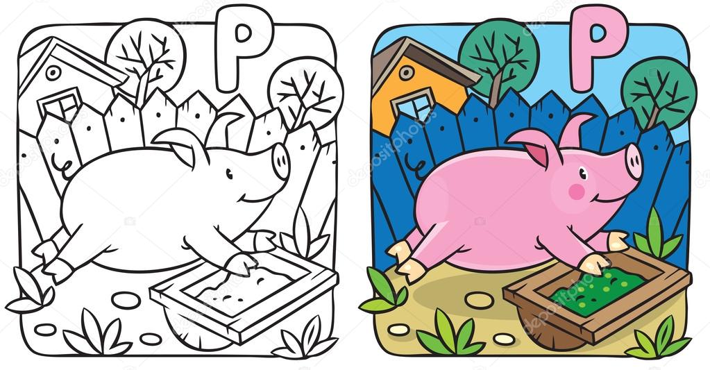 Little pig coloring book. Alphabet P