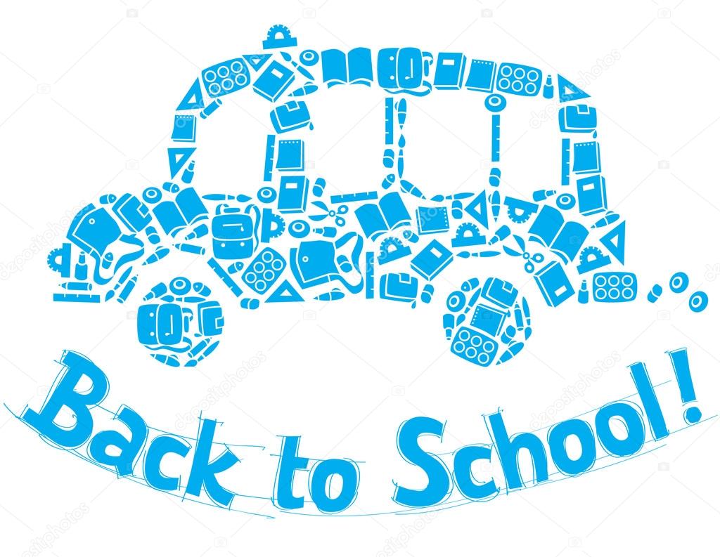 Vector illustration or design template of school bus made from school supplies on background in the box, like in the school notebook, and logo or lettering Back to School