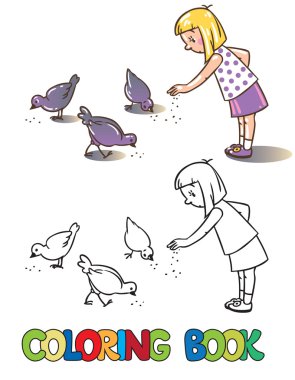 Kız güvercin besleme. Boyama kitabı