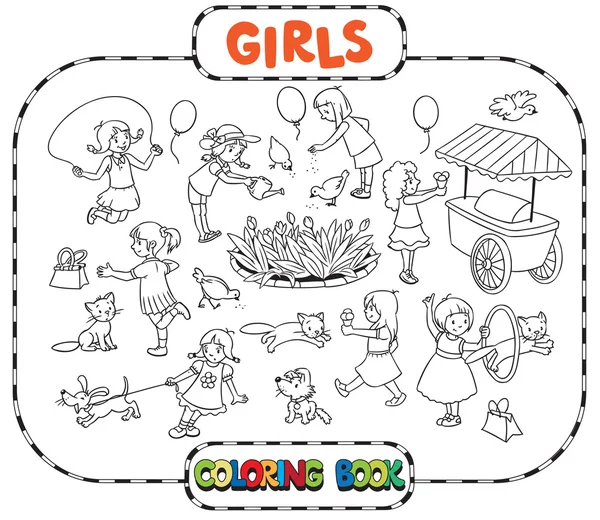Livro de colorir grande com meninas jogando — Vetor de Stock