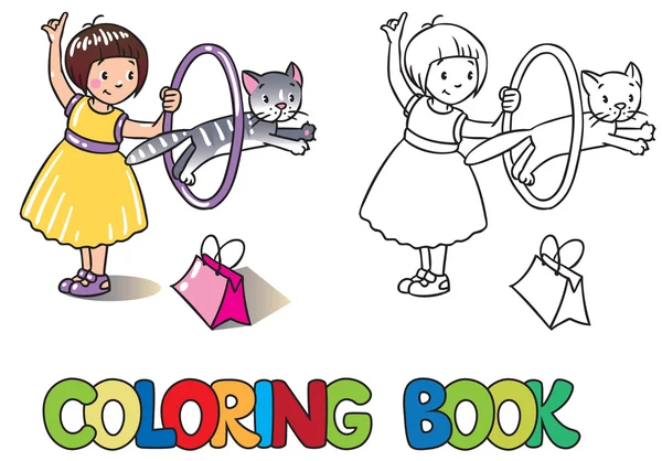 Menina brincando com gato. Livro para colorir — Vetor de Stock