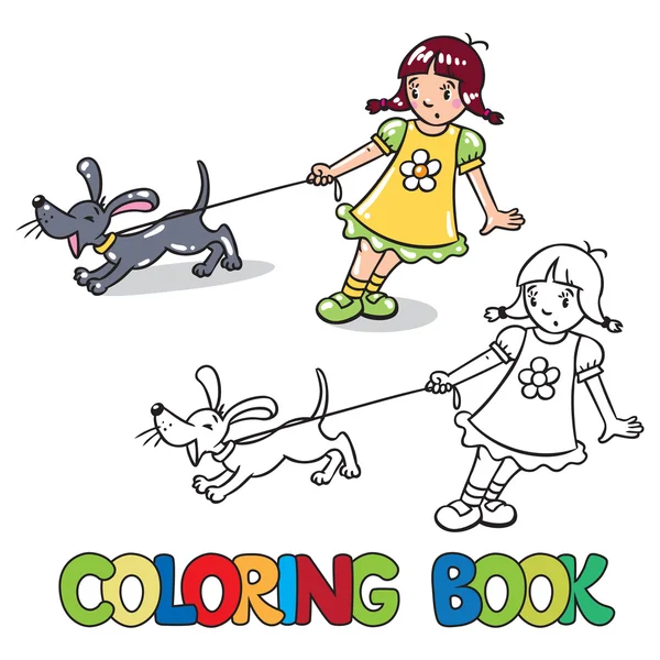 Girl with barking dog. Coloring book — Stock Vector