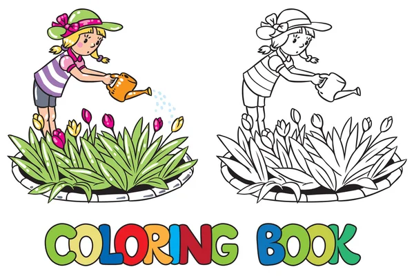 Chica regando las flores. Libro para colorear — Vector de stock