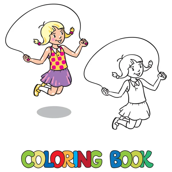Chica salta con cuerda. Libro para colorear — Vector de stock