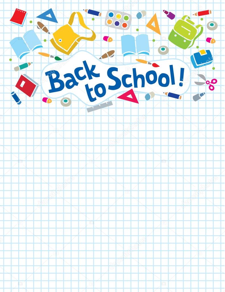 Vector illustration or design template of  logo or lettering Back to School with education supplies on a background in the box, like in the school notebook