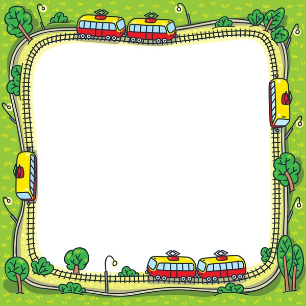 Frame with funny trams and rails — Stock Vector