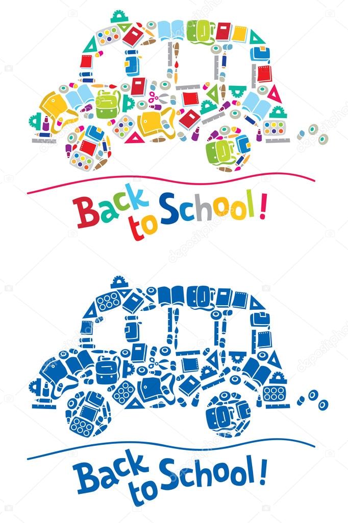 Vector illustration or design template of school bus made from school supplies, and logo or lettering Back to School. Includes monochrome version
