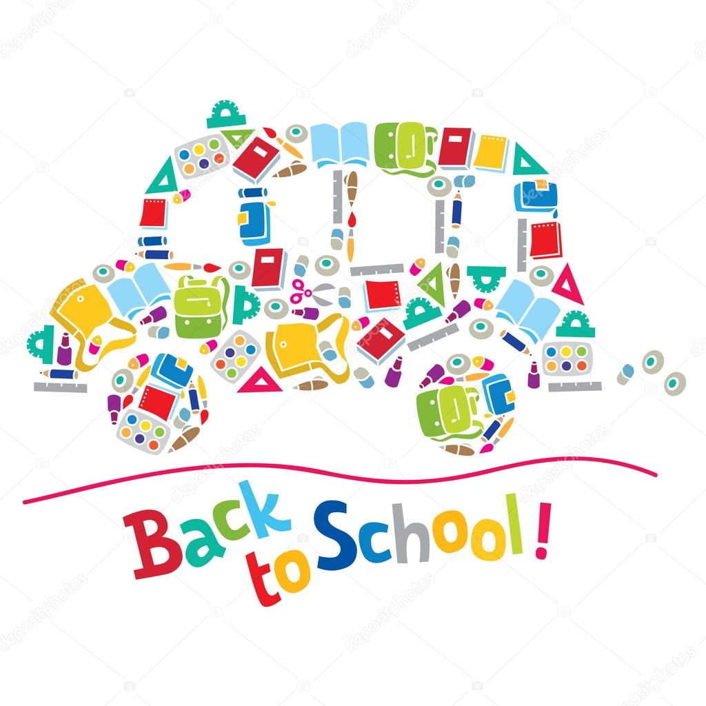 Vector illustration or design template of school bus made from school supplies, and logo or lettering Back to School