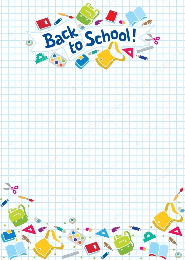 Vector illustration or design template of  logo or lettering Back to School with education supplies on a background in the box, like in the school notebook