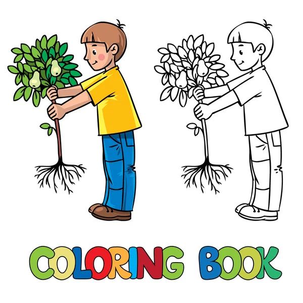 Rapaz o jardineiro com uma árvore. Livro para colorir — Vetor de Stock