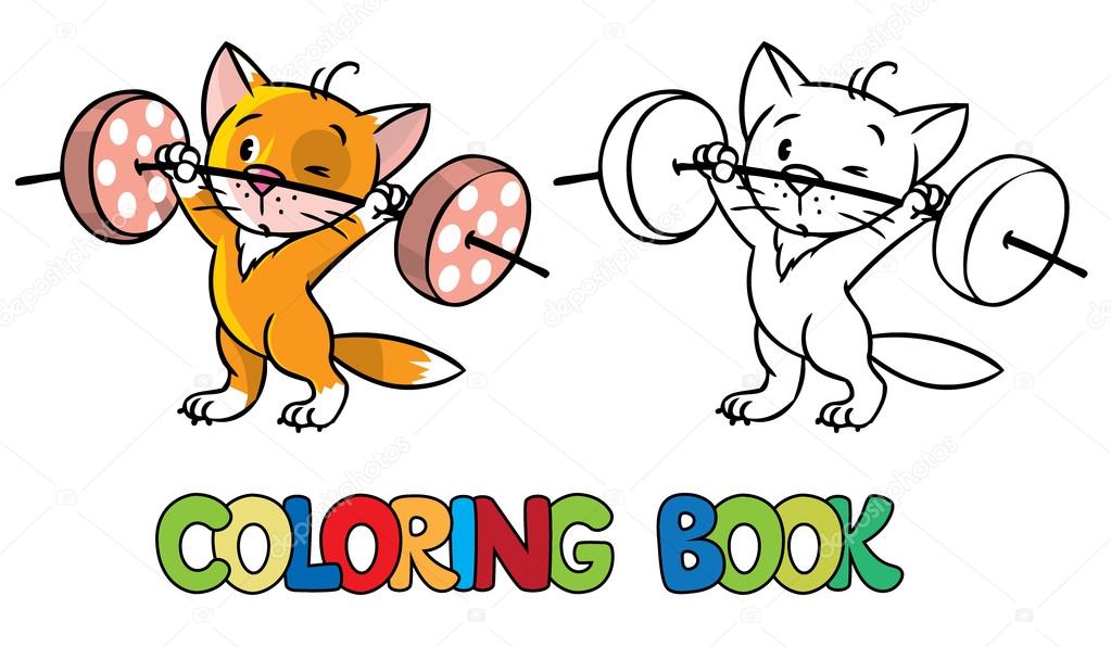 Kitten-athlete lifts the bar. Coloring book