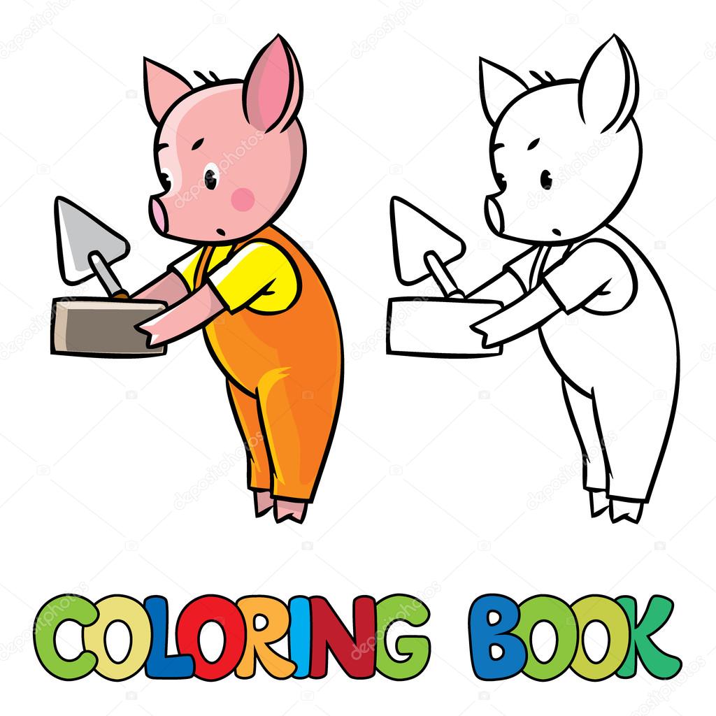 Little piglet with brick and trowel. Coloring book