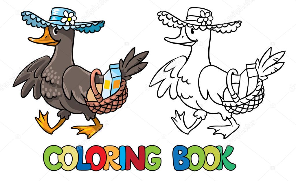 Duck in hat with basket. Coloring book