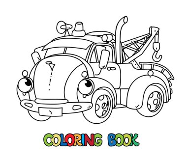 Çocuklar için çekici boyama kitabı. Gözü ve ağzı olan küçük, komik, eski model, şirin bir araba. Çocuk vektör illüstrasyonu