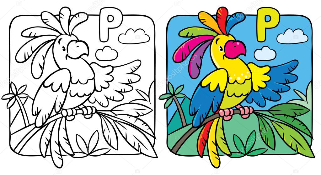 Coloring book of funny parrot. Alphabet P