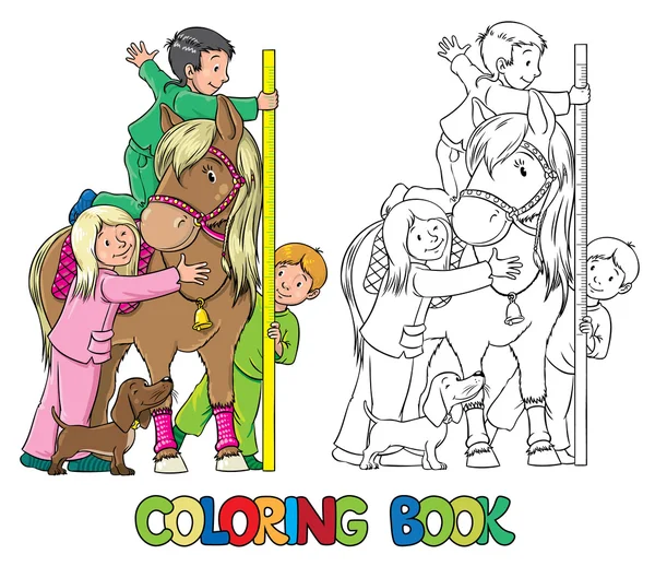 Livre à colorier avec enfants et poney — Image vectorielle