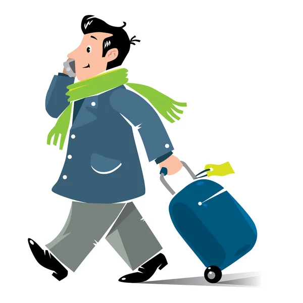 Funny air passenger with suitcase and phone — Stock Vector