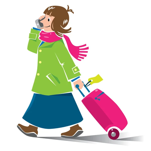 Смішна жінка повітряний пасажир з валізою і телефоном — стоковий вектор