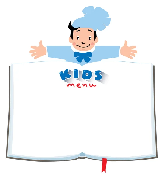 Дизайн детского меню с забавным мальчиком-поваром — стоковый вектор