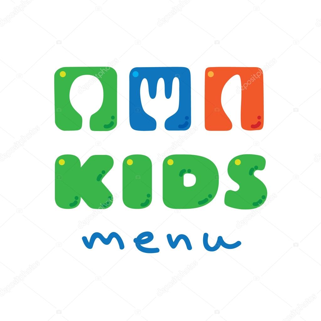 Kids Menu logo with funny spoon, fork and knife