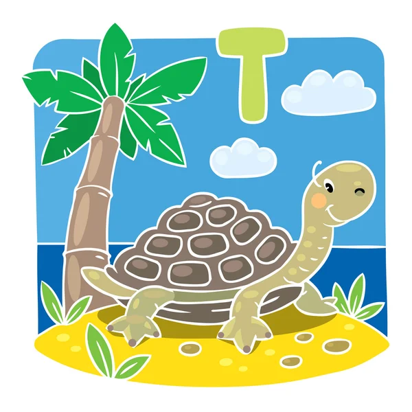 Children illustration of little turtle. Alphabet T — Stock Vector