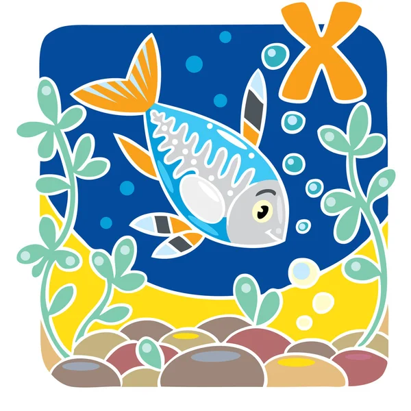 Ilustración infantil de peces de rayos X. Alfabeto X — Vector de stock