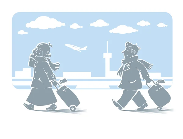 Смішні пасажири повітря з фоном неба аеропорту — стоковий вектор