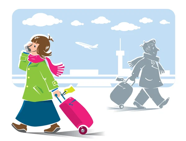 Funny air passengers with airport background — Stock Vector