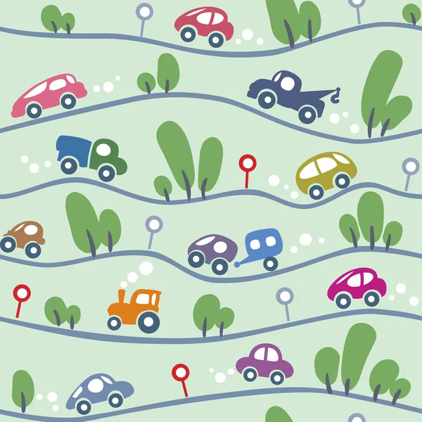 Cars on the road. Funny seamless pattern. — Stock Vector