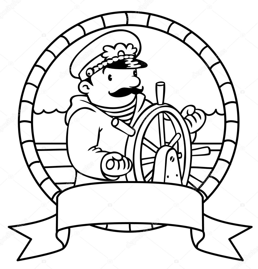 Funny captain or yachtman. Coloring book. Emblem