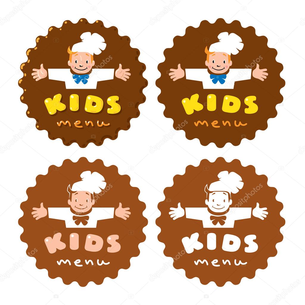 Sticker for Kids Menu with funny cook boy and logo