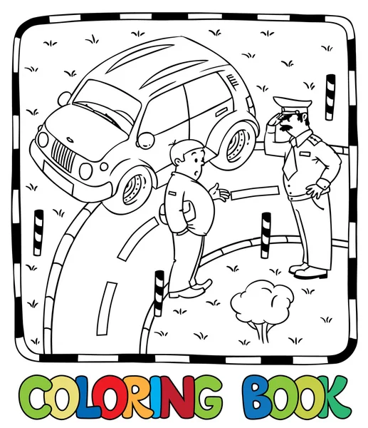 Policía y conductor de coche. Libro para colorear — Vector de stock