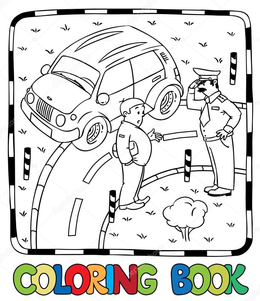 Policeman and car driver. Coloring book
