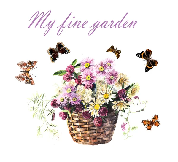 Bouquet from meadow flowers in the basket and butterflies. — Stock Photo, Image