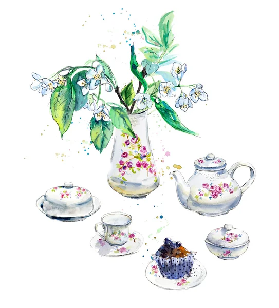 Bahar çay saati. Bilberry pasta ve bir kuş kiraz çiçekleri.