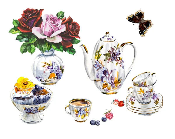 Çay saati. Gül, çilek, kek ve kelebek.