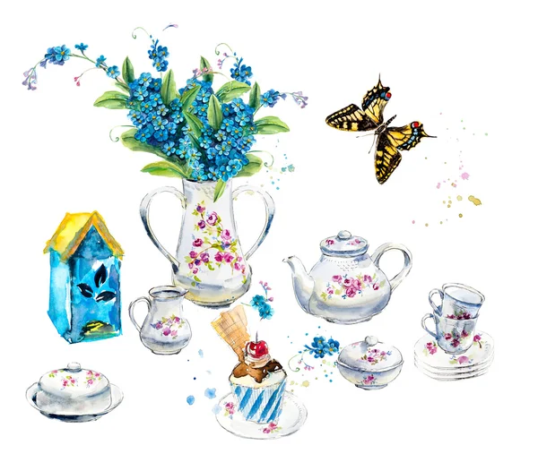 Tea Time. Tea-house, forget me not, cakes and butterfly.