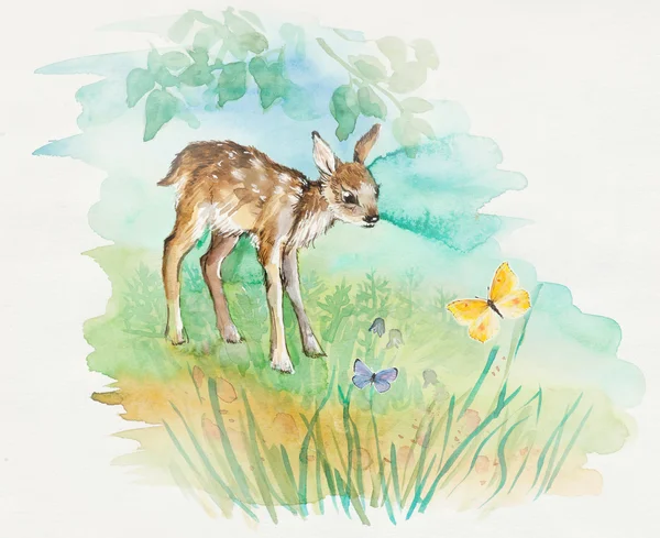 Deer baby with butterflies. Decoration with wildlife scene. — Stock Photo, Image