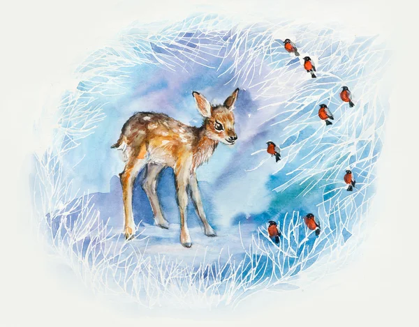 açık kahverengi ve bullfinches. Kış kompozisyon.