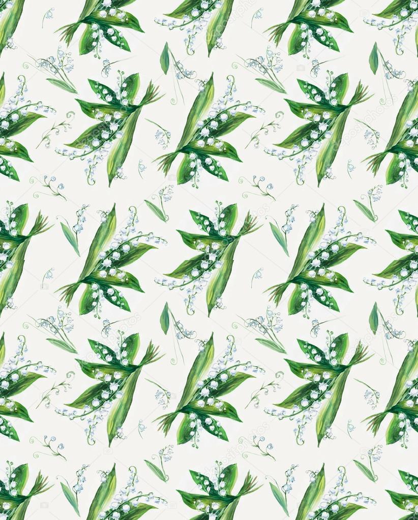 Seamless pattern of lily of the valley. Flowers background, watercolor composition.