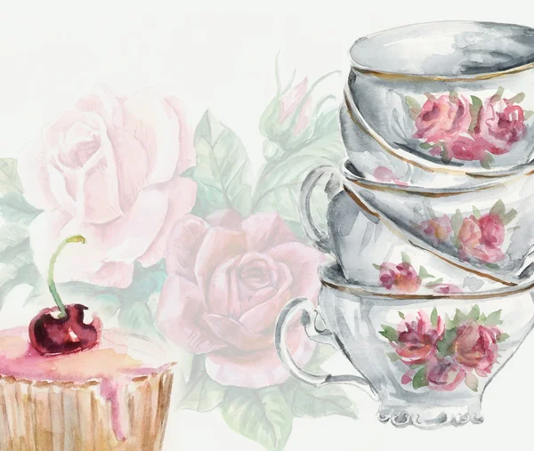 Çay zaman çizelgesi. Kupası ve kek.