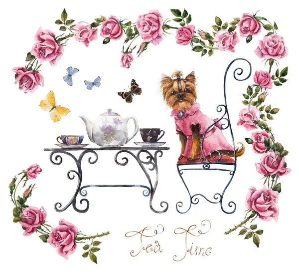 Bahçede çay tablo. İki fincan çay. Pembe Gül çerçevesinden. Çay içmek için davet.