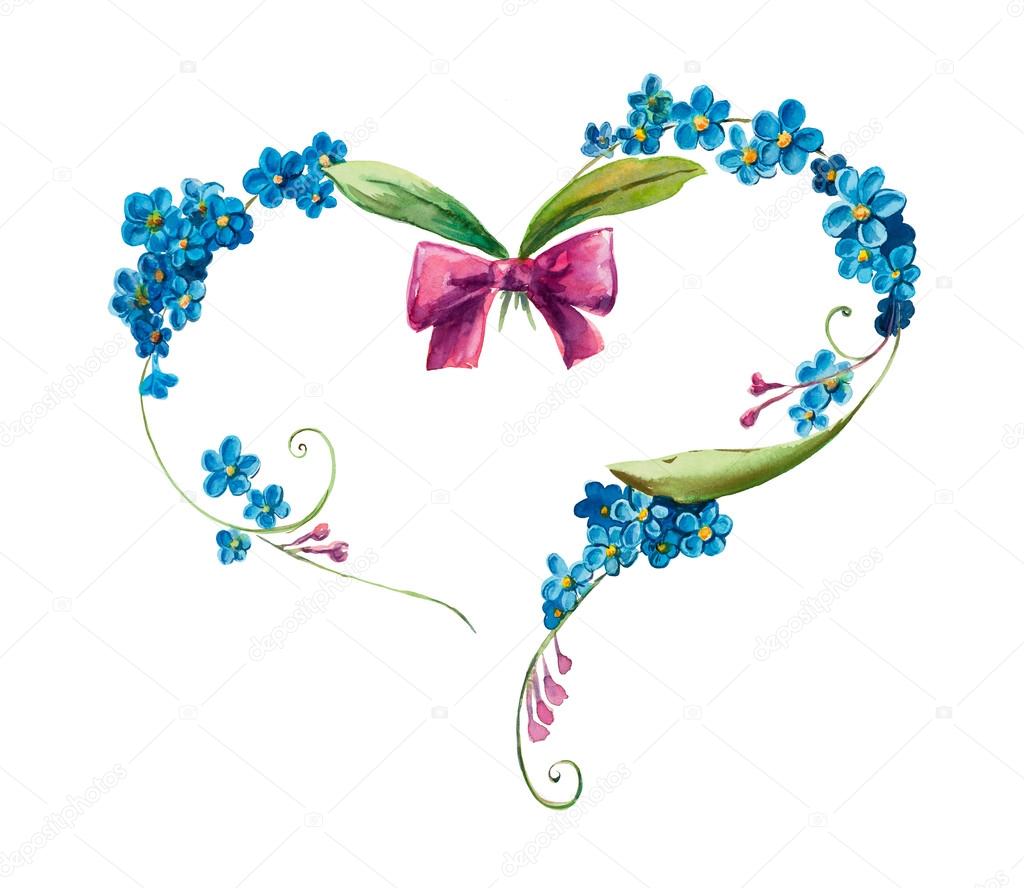 Heart frame from blue flowers. Forget me not