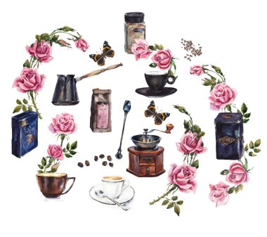 Kahve zamanı. Türk cezve, mekanik Kahve değirmeni ve bir gül dalı, kelebekler.