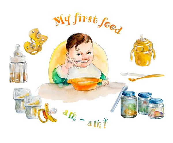Bebé comiendo. Mi primera comida. Alimentos recién nacidos . — Foto de Stock